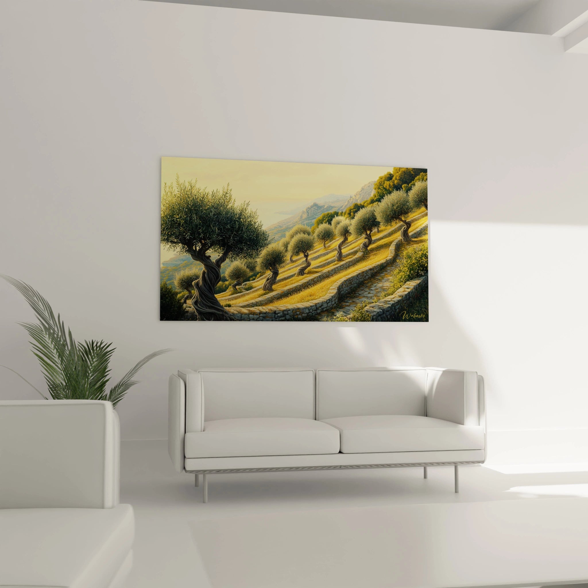 Un tableau d'oliveraie traditionnelle présentant des arbres séculaires aux formes sinueuses disposés en lignes régulières sur un terrain en terrasses, avec des tons dominants de vert argenté, jaune doré et bleu pâle, et un chemin de pierre serpentant.
