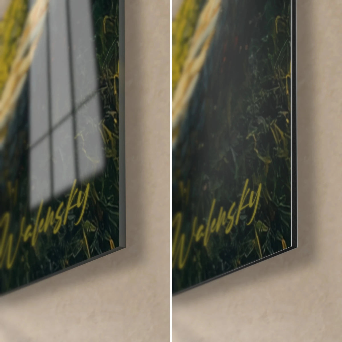 Schilderij olijfgaard op terrassen, rechtsonder: glanzend acrylglas met reflecties en mat donkergroen Dibond-aluminium, 3 mm rand