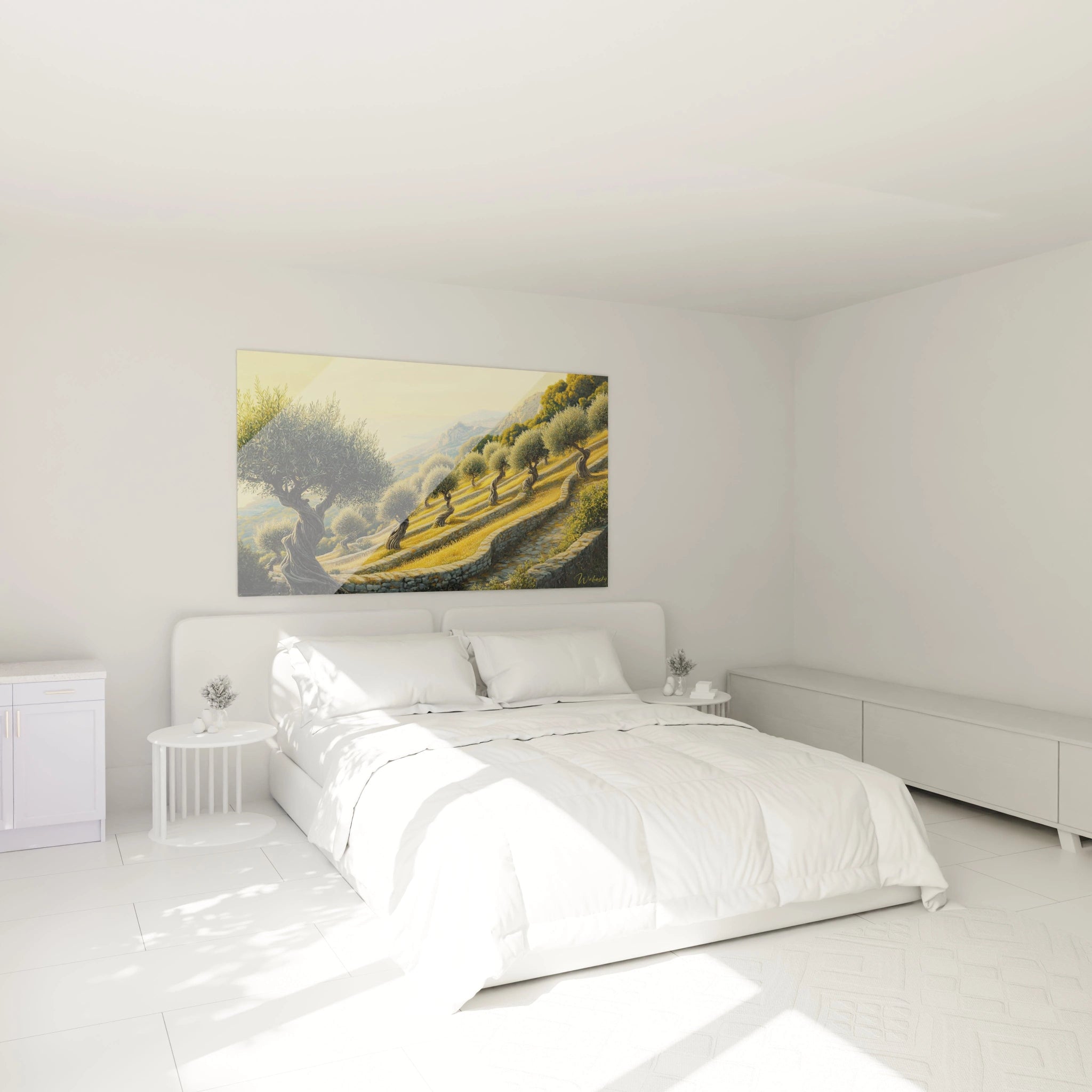 Un tableau paysage méditerranéen montrant des rangées d'oliviers centenaires aux troncs sculptés par le temps, plantés sur des terrasses soutenues par des murets de pierre sèche, dans une atmosphère dorée de fin de journée.
