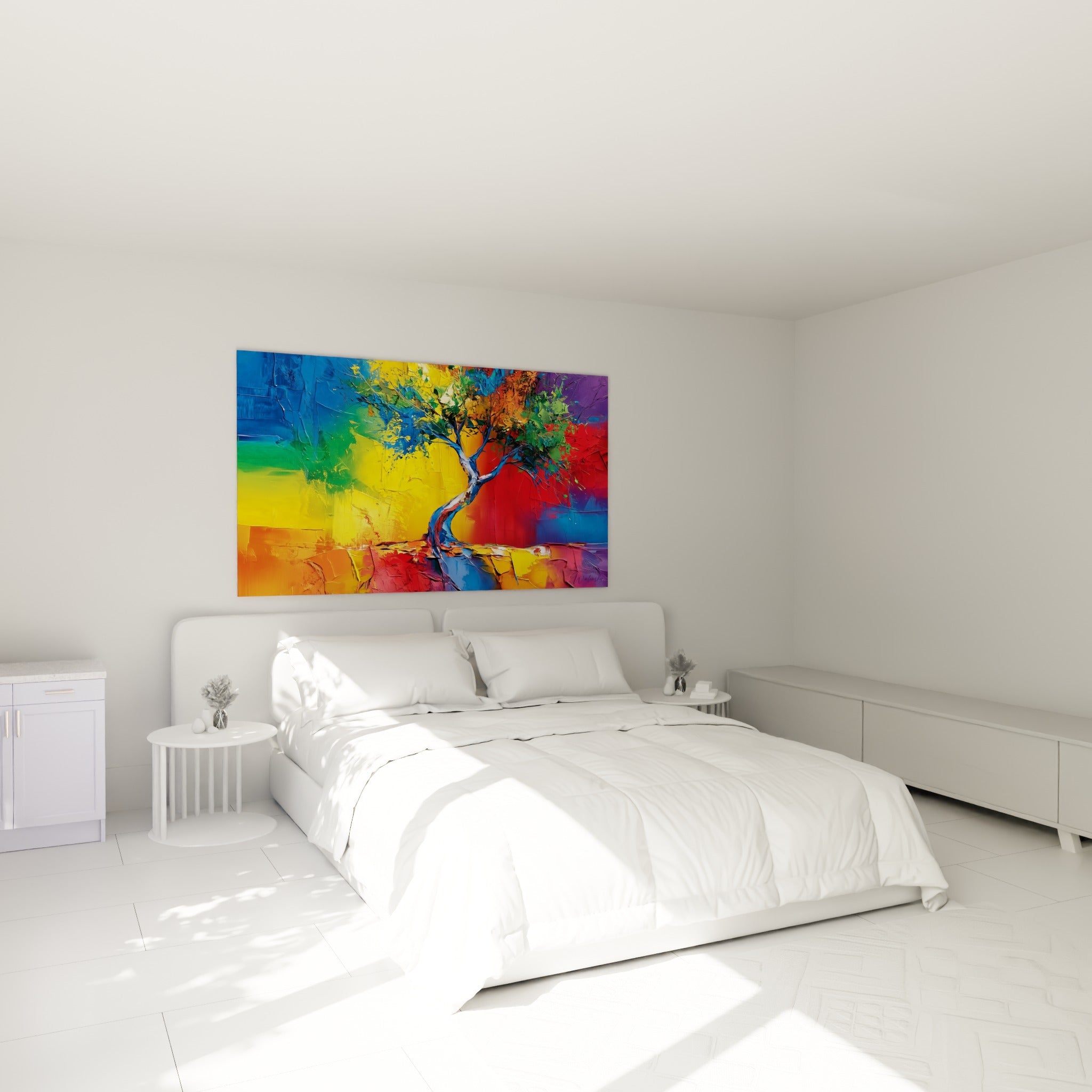 Arbre stylisé aux couleurs vives, tronc bleu et fond arc-en-ciel, au-dessus d'un lit dans une chambre claire