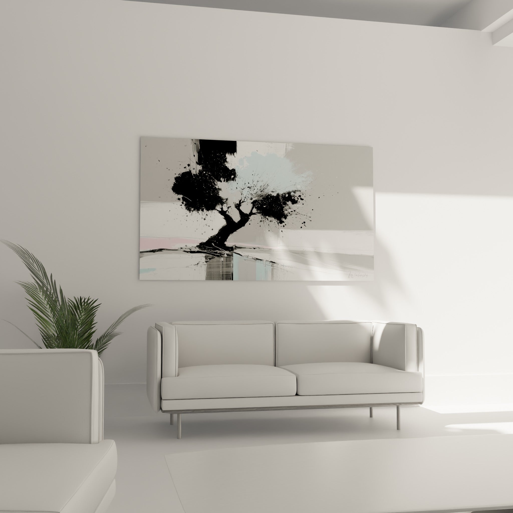 Branches noires éclatées et touches roses de cet olivier au-dessus d'un canapé dans un salon lumineux