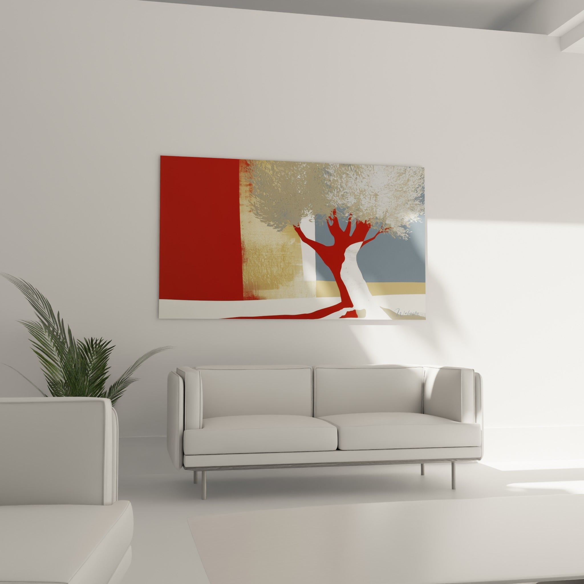 Arbre stylisé rouge et bleu marine suspendu au-dessus d'un canapé dans un salon lumineux