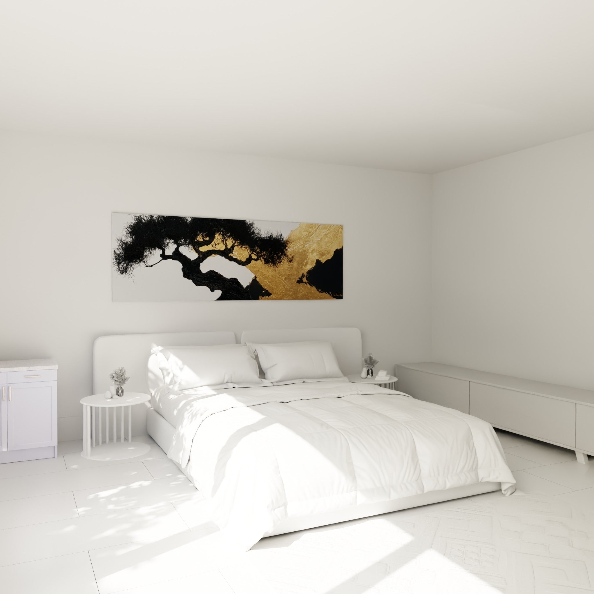 Silhouette d'olivier anthracite et doré déployée au-dessus d'un lit dans une chambre claire