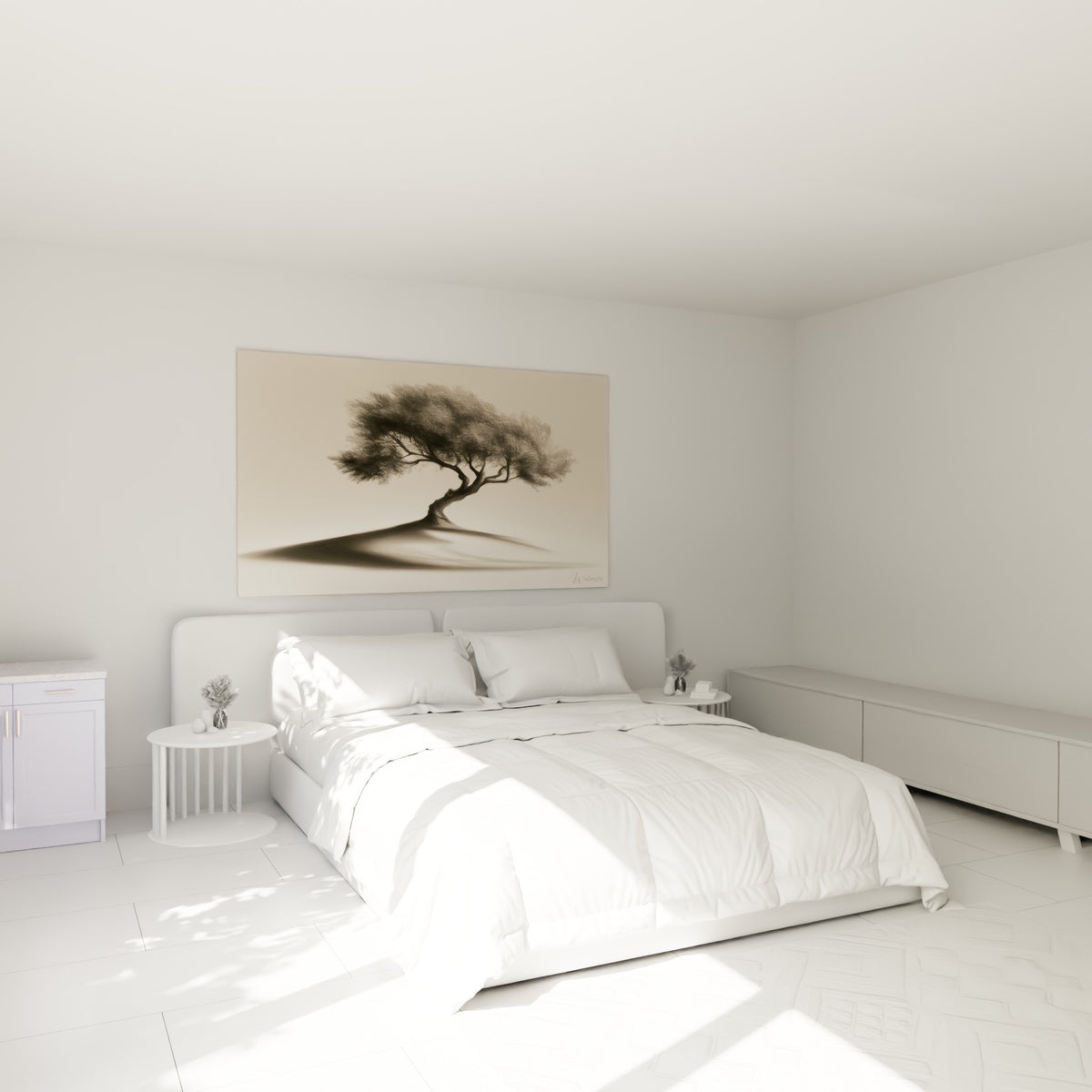 Silhouette d'olivier anthracite et beige, accrochée au-dessus d'un lit dans une chambre claire