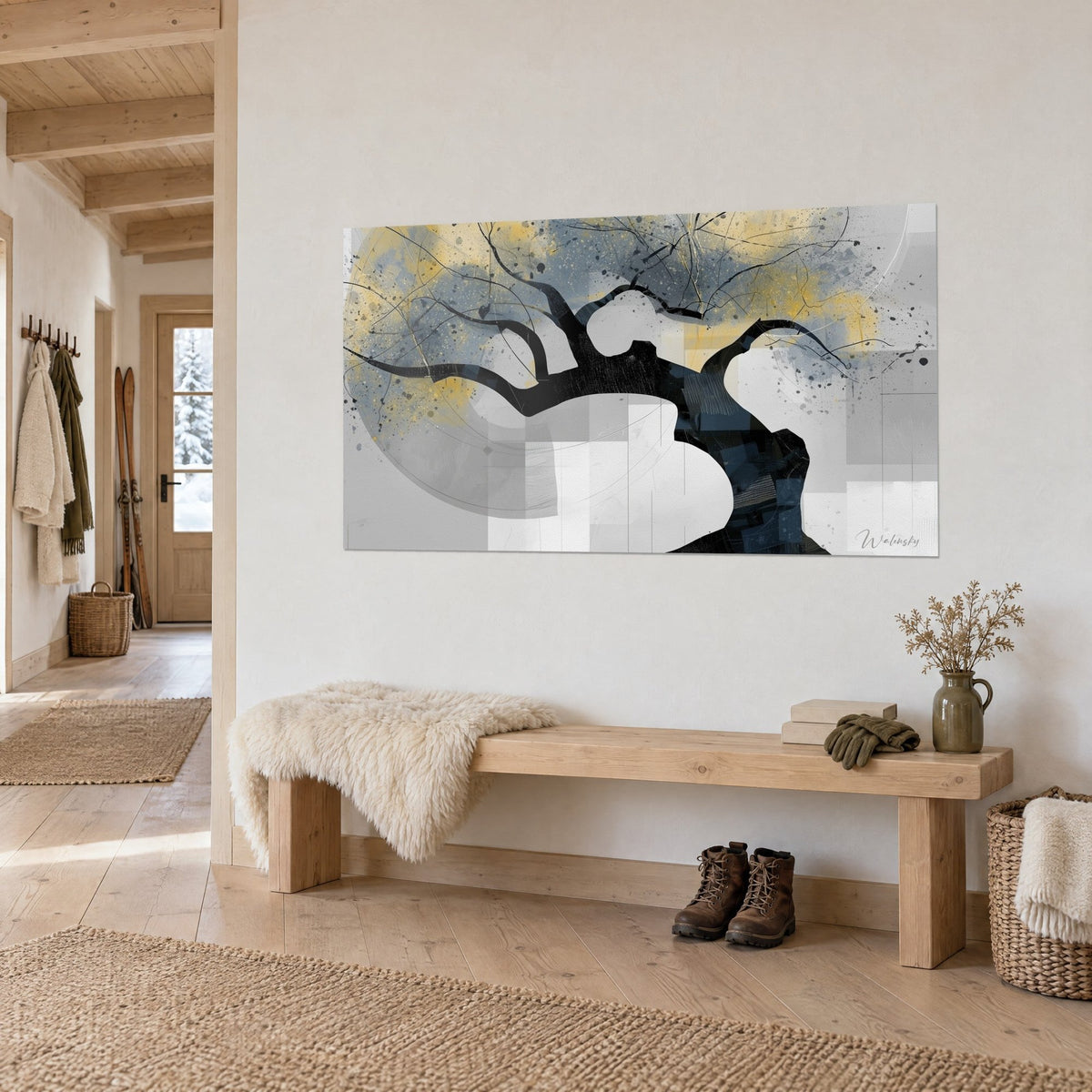 Wall art twisted tree in ebony silhouette on pearl grey squares with golden yellow glows, hung in a chalet-style wooden entrance hall