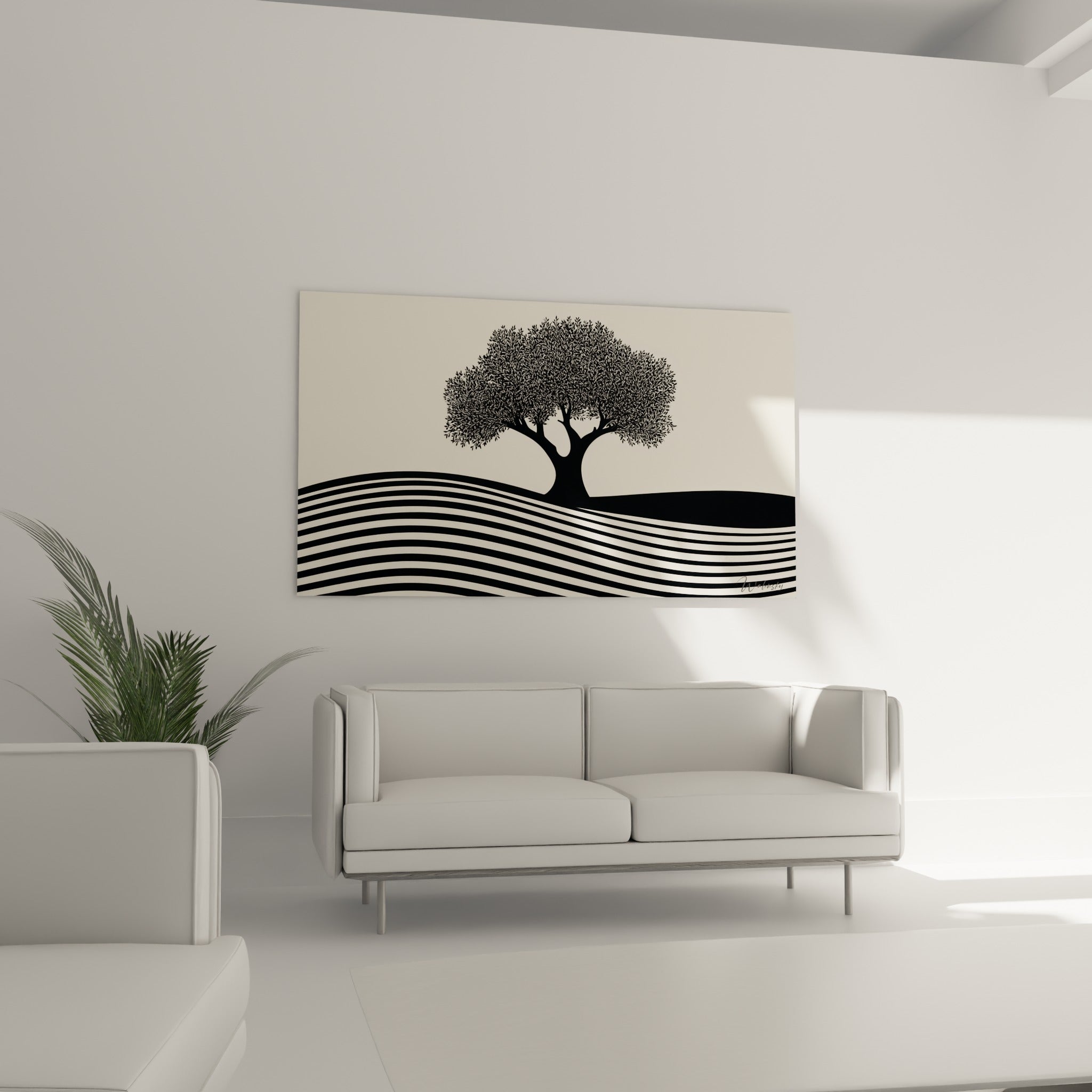 Arbre noir aux courbes graphiques sur fond ivoire, suspendu au-dessus d'un canapé dans un salon lumineux