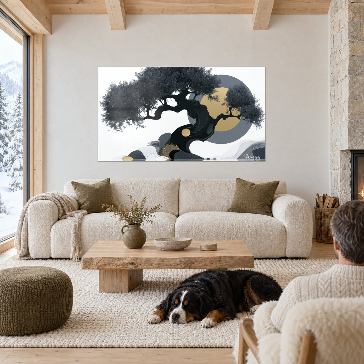 Wall art Sculptural black olive tree, golden moon and slate grey, dog lying on the rug, above a sofa in a bright living room