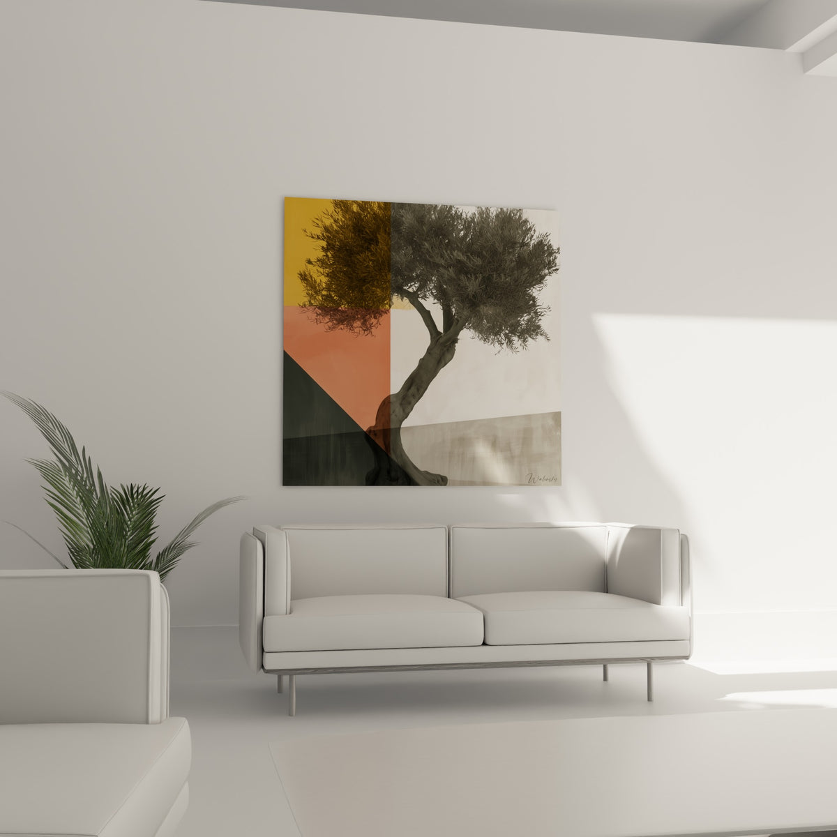 Silhouette d'olivier terracotta et anthracite suspendue au-dessus d'un canapé dans un salon lumineux
