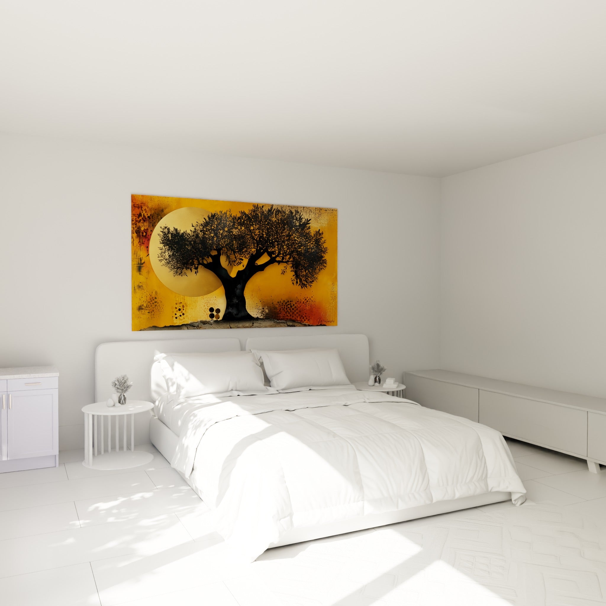 Silhouette d'olivier anthracite et jaune doré accrochée au-dessus d'un lit dans une chambre claire