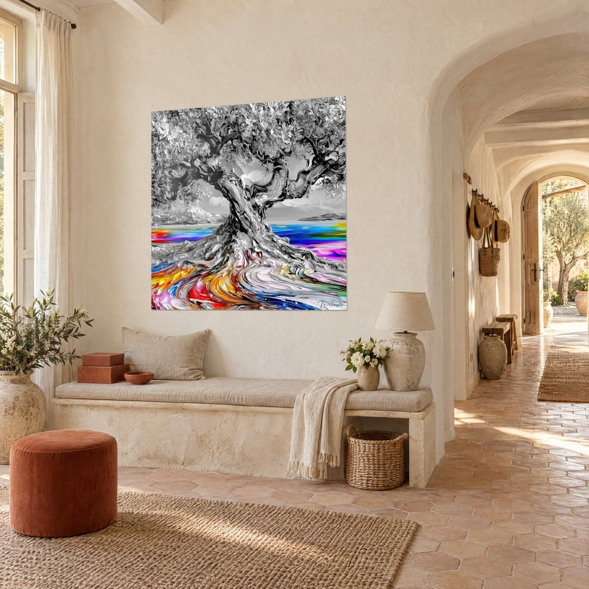 Schilderij eeuwenoude zilverkleurige boom met verwrongen stam, blauwe en paarse zee, gele en roze wortels, in een Provençaals landhuis