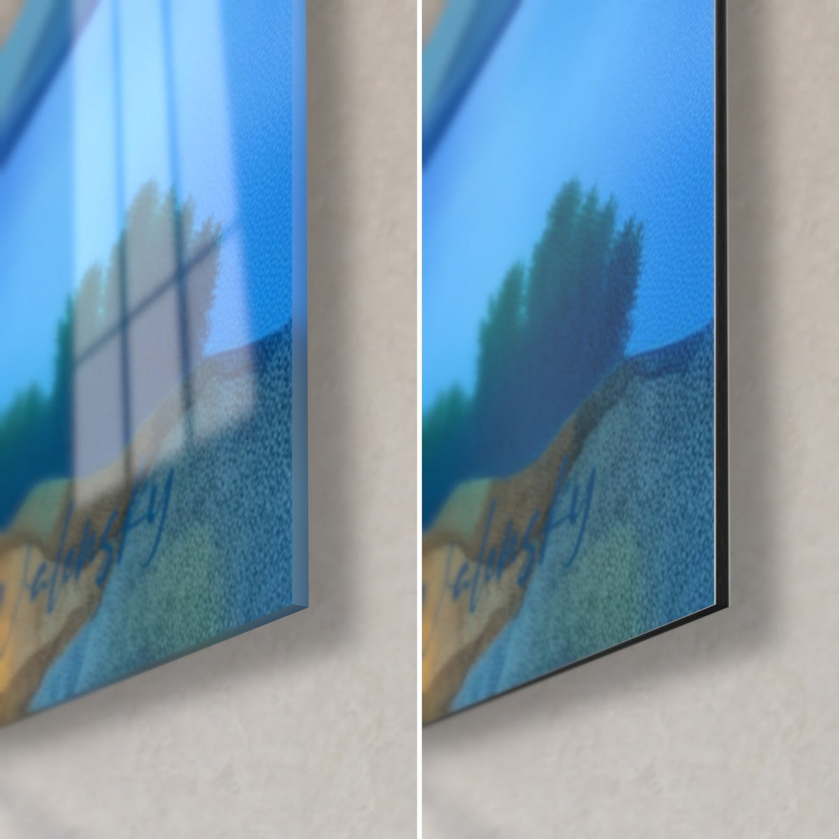 Wall art of an olive tree with blue leaves, bottom right corner: glossy acrylic glass on the left, matte black Dibond aluminium on the right, 3 mm edge