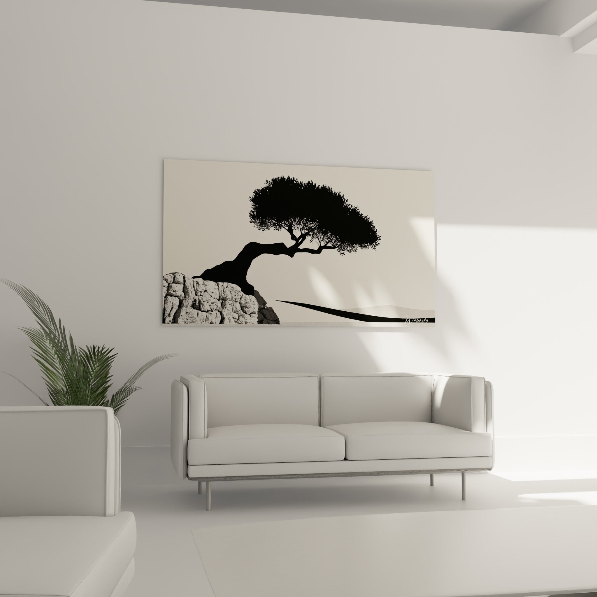 Arbre noir sinueux sur fond ivoire, tableau Olivier au-dessus d'un canapé dans un salon lumineux