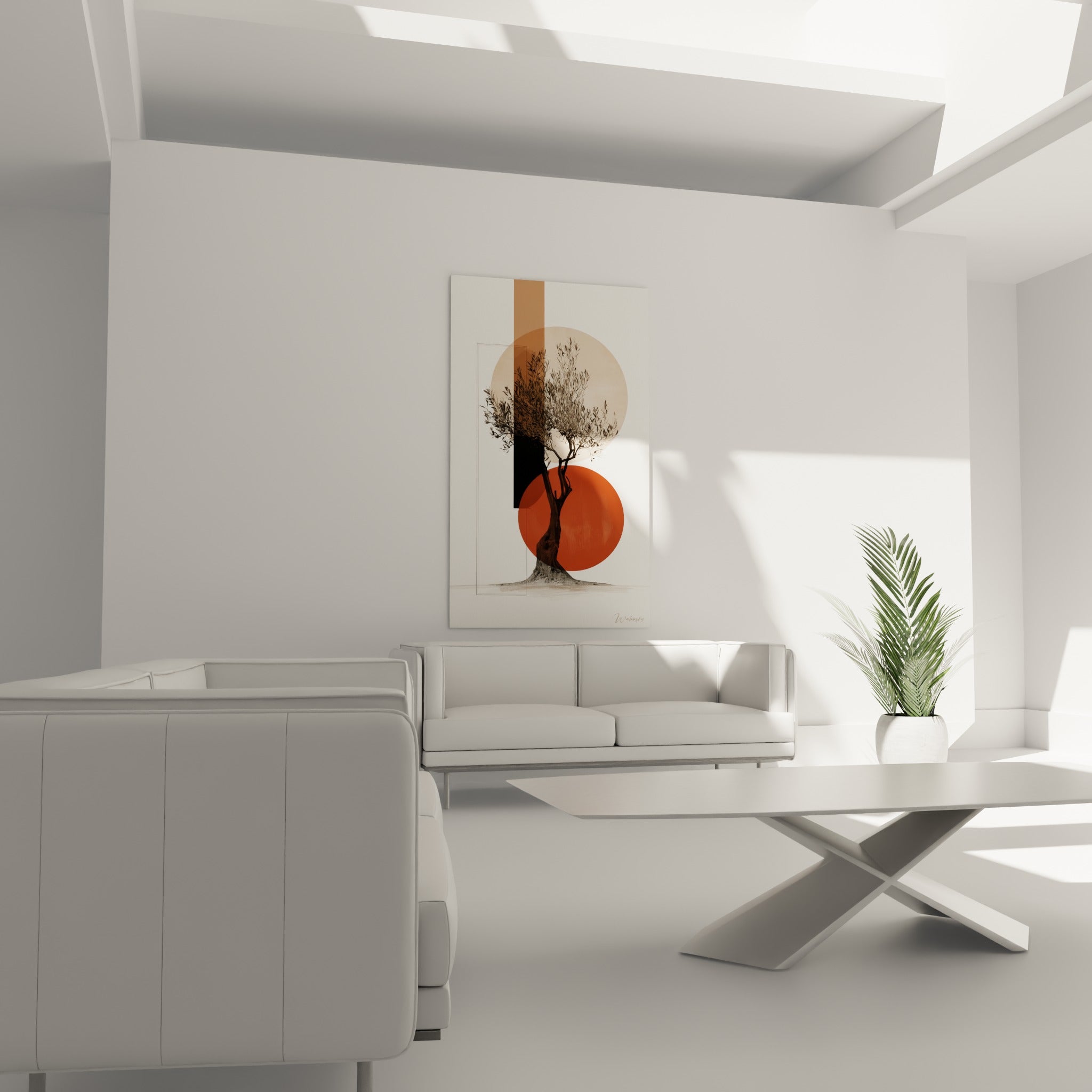 Arbre méditerranéen dessiné en gris sur cercles ocre et terracotta au-dessus d'un canapé dans un salon lumineux