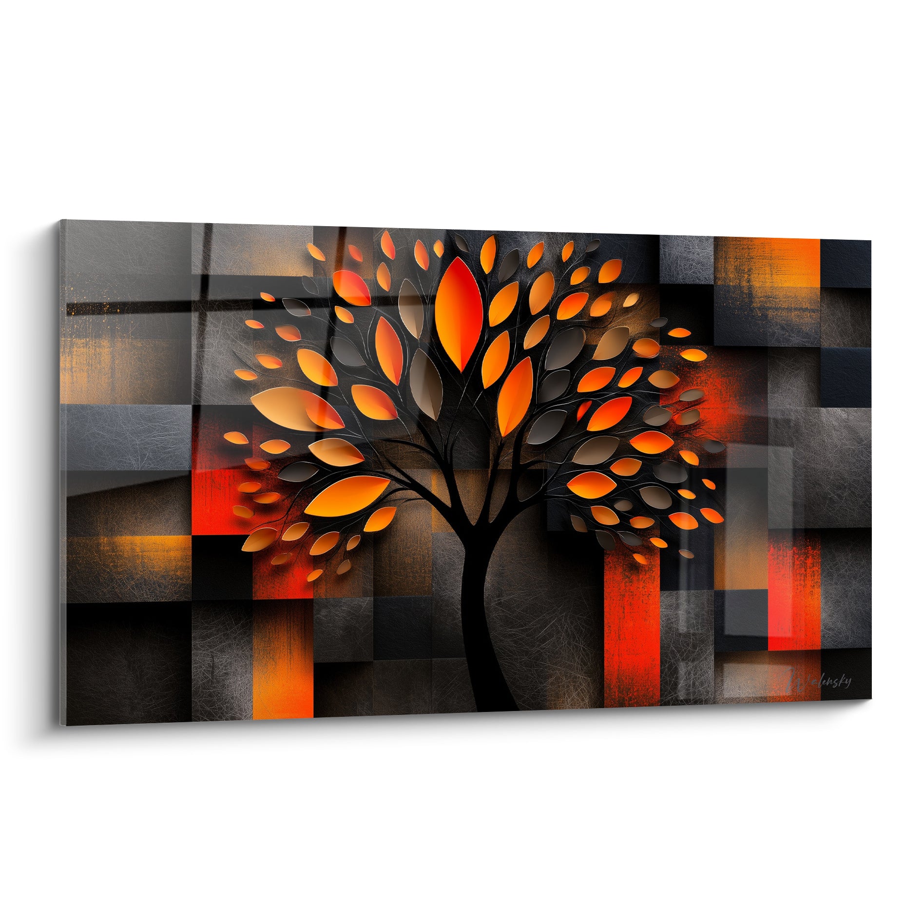 Olivier stylisé aux feuilles orange et dorées se détachant sur un fond anthracite en damier géométrique