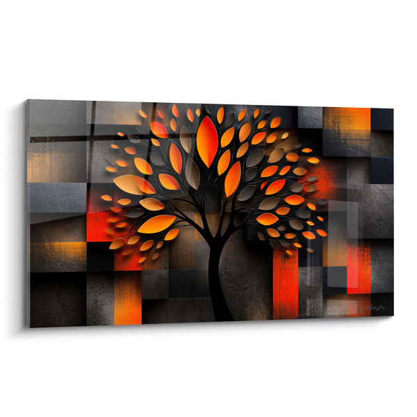 Tableau Olivier stylisé aux feuilles orange et anthracite - Braise silencieuse - Edition Olivier