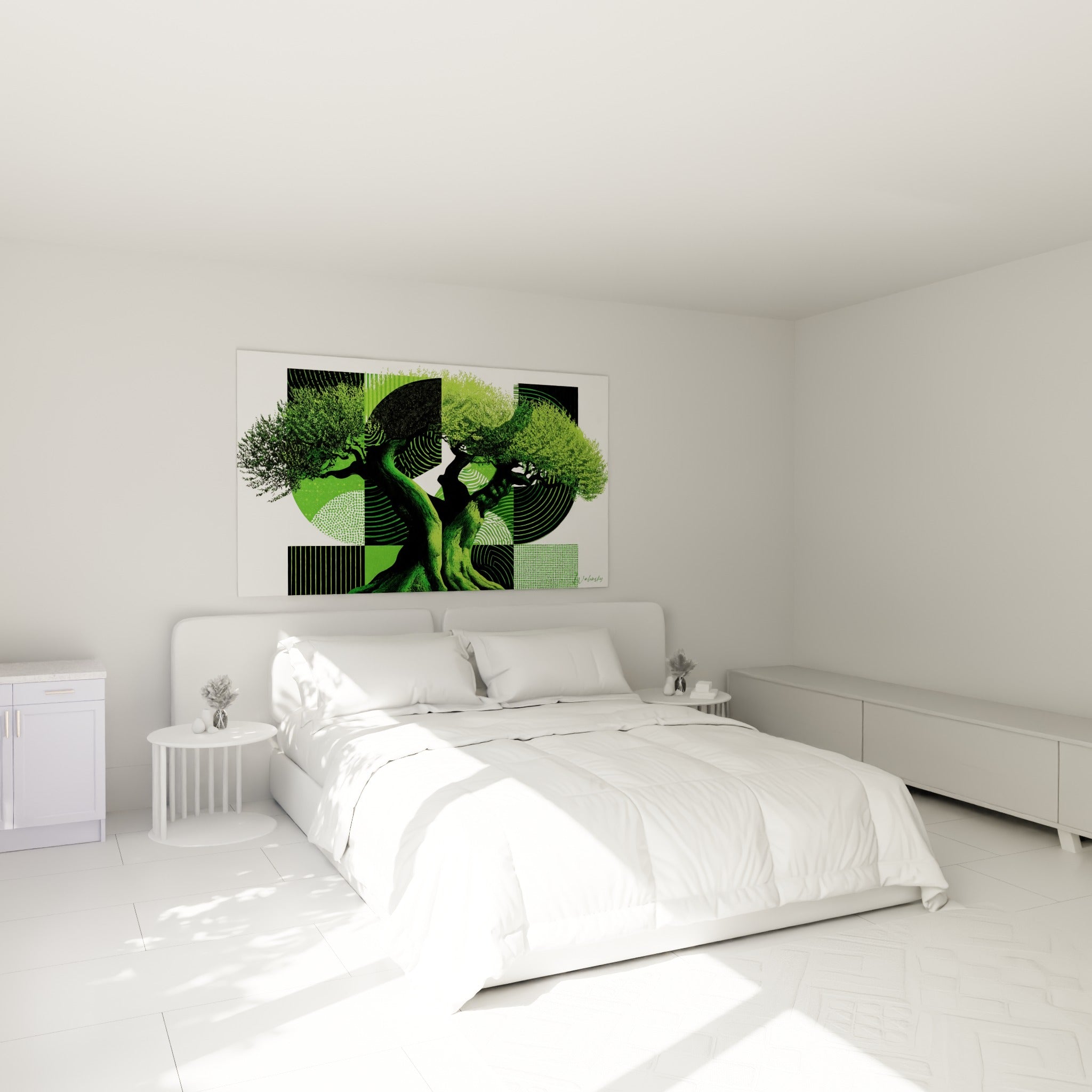 Arbre centenaire vert et noir aux formes graphiques, accroché au-dessus d'un lit dans une chambre claire