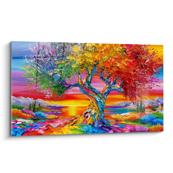Olivier au tronc bleu turquoise et feuillage rouge, orangé et vert devant un coucher de soleil éclatant