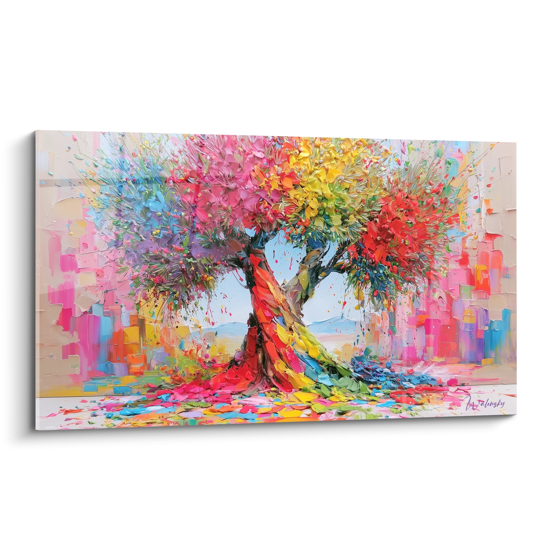 Olivier au feuillage arc-en-ciel rose et jaune, tronc empâté rouge et vert sur fond pastel