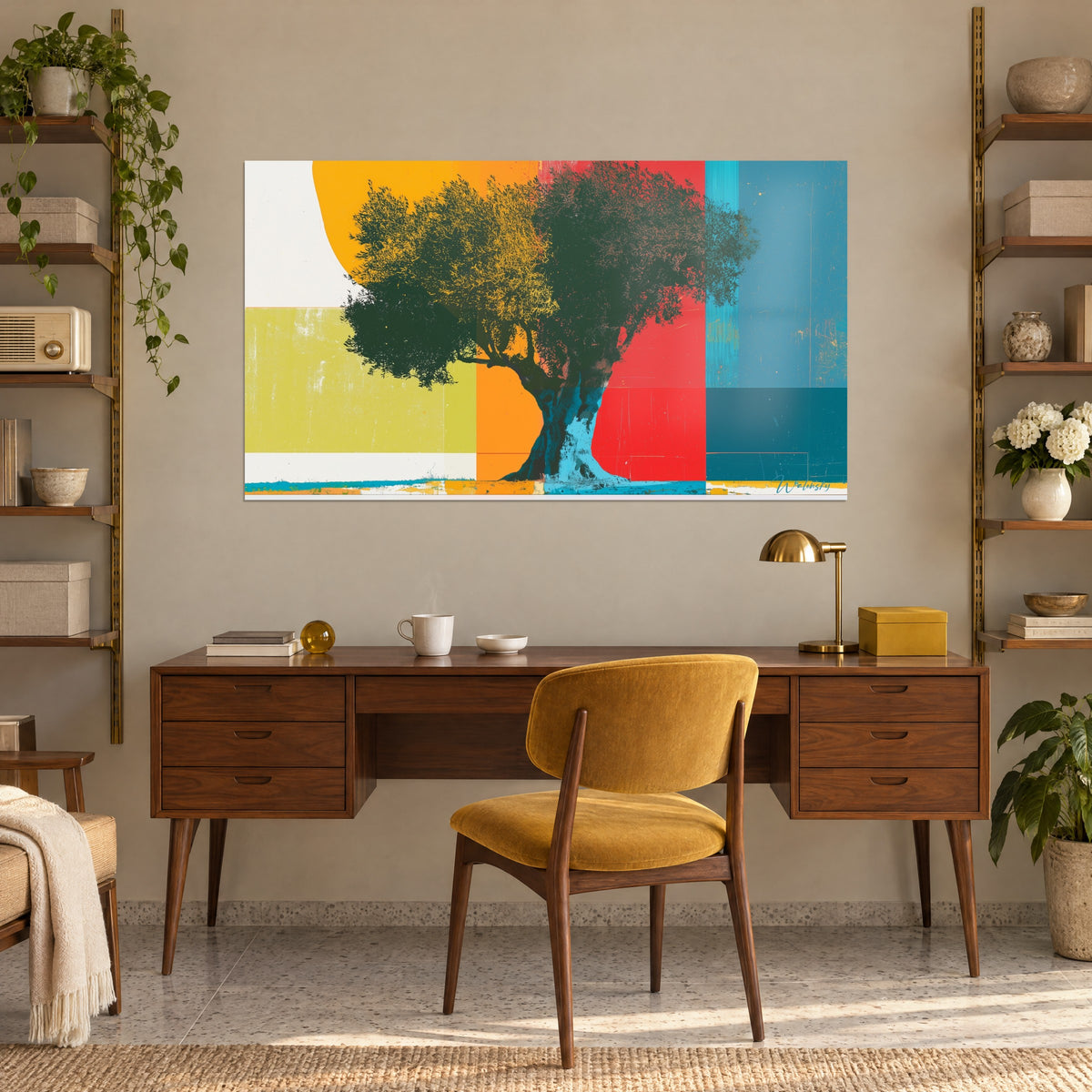 Wall art stylised olive tree with paint scratches, lemon yellow, red and turquoise blue stripes, above a wooden desk and a mustard armchair