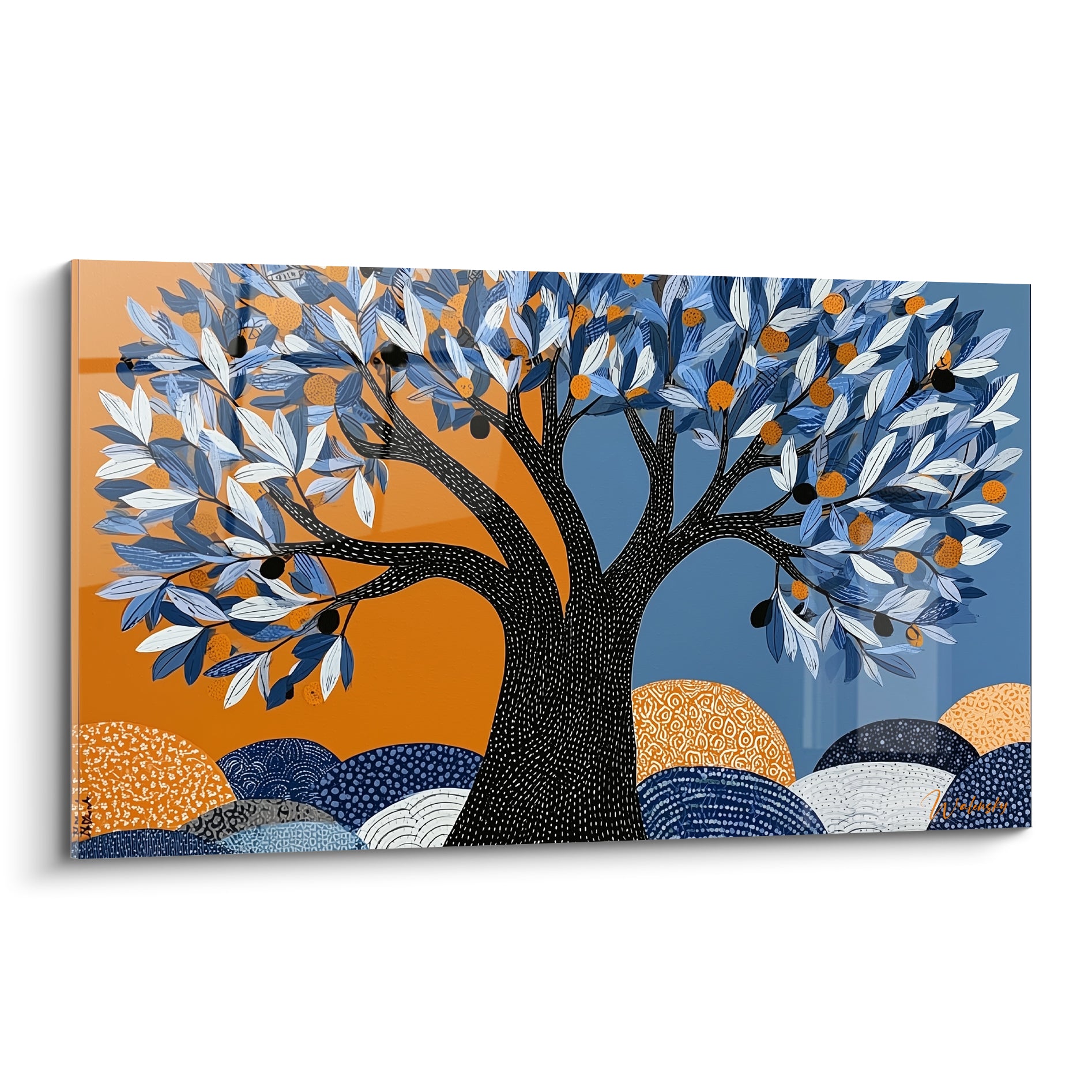 Olivier stylisé au tronc noir, feuillage bleu et orange sur fond bicolore contrasté