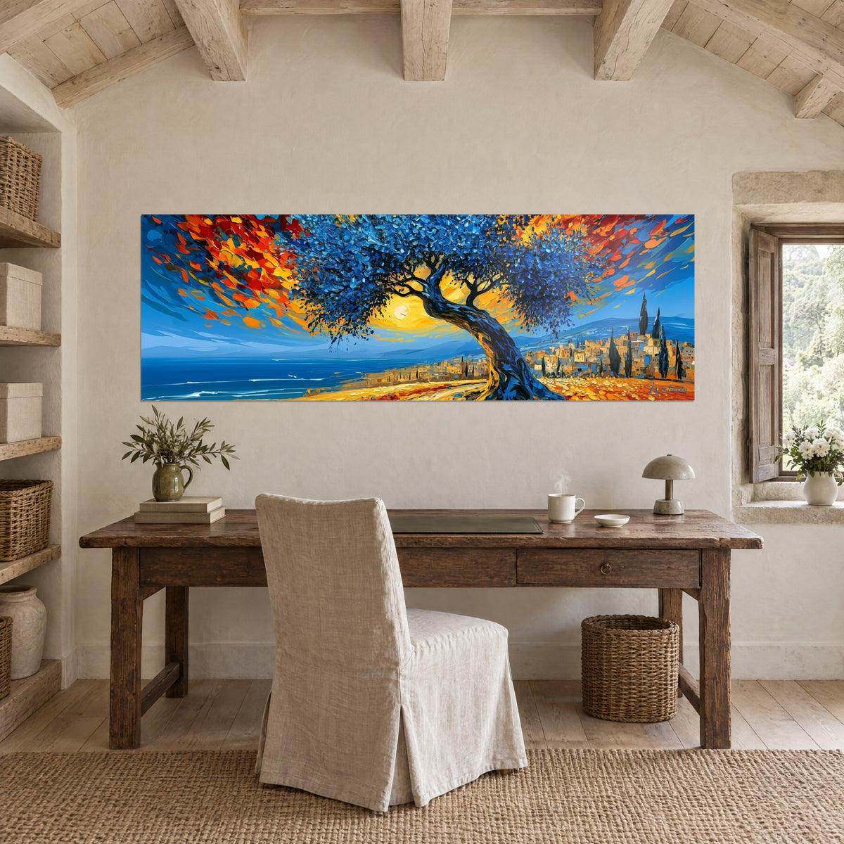 Quadro paesaggio mediterraneo panoramico, cielo azzurro, collina giallo zafferano, case ocra, appeso sopra una scrivania in legno grezzo