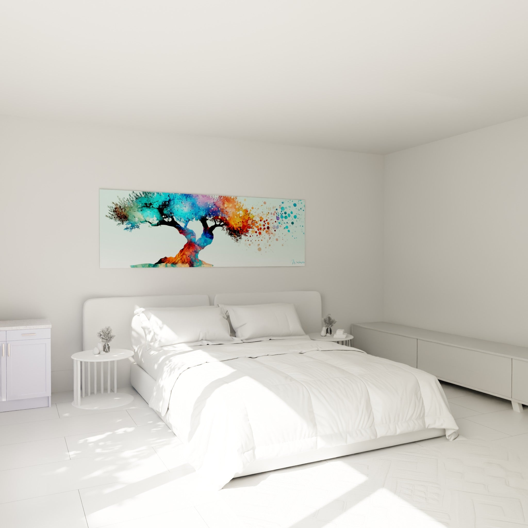Silhouette d'olivier bleu et orange éclaté au-dessus d'un lit dans une chambre claire
