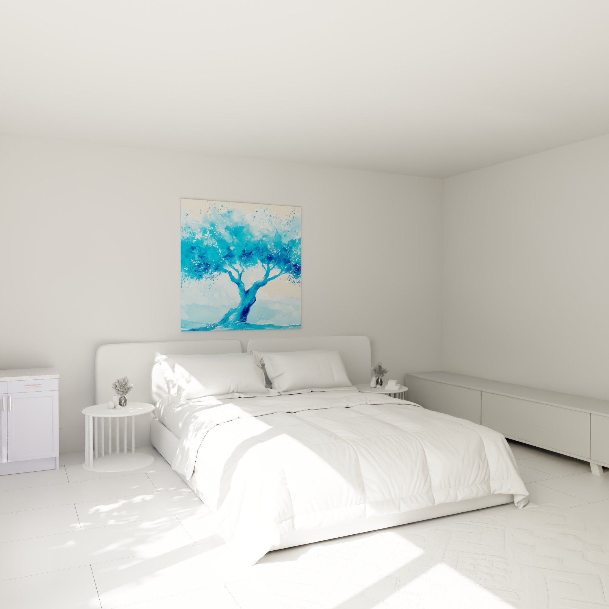 Silhouette d'olivier bleu ciel et beige aux touches délicates, au-dessus d'un lit dans une chambre claire