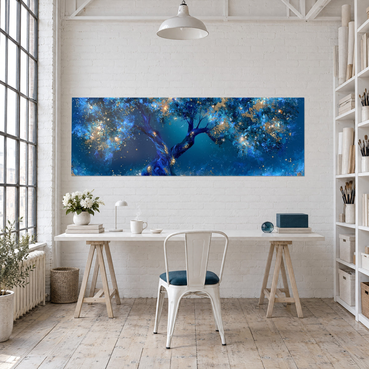 Schilderij ineengestrengelde olijftakken in indigo en koperkleurig goud, sterrenhemel in blauwgroen, boven een bureau van licht hout