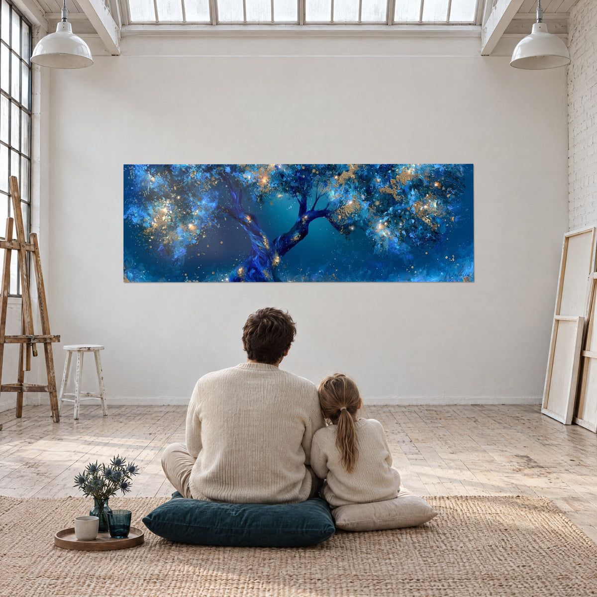 Schilderij lichtgevend gebladerte in azuur en goud op blauwgroene achtergrond, twee personen van achteren op de vloer zittend in een groot loft
