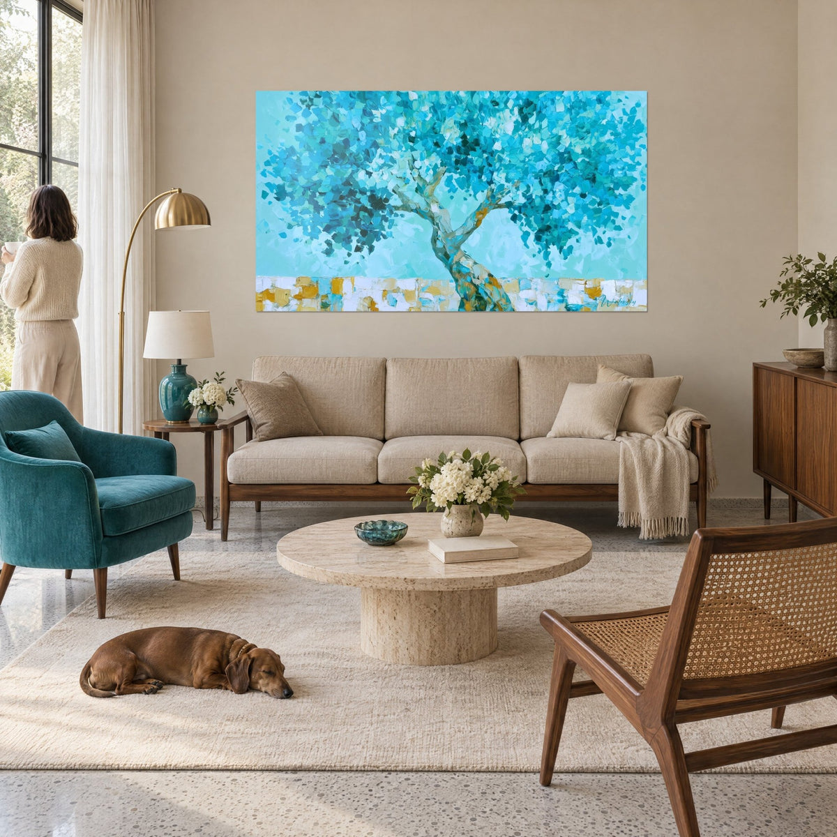 Wall art olive tree with turquoise leaves and golden-brown trunk, thick palette-knife strokes, above a sofa in a bright living room