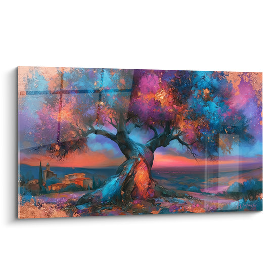 Olivier centenaire bleu marine et corail illuminé par un crépuscule provençal sur toile