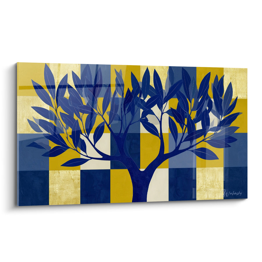 Tableau Olivier bleu marine et doré sur damier - Motif à carreaux contrastés - Edition Olivier