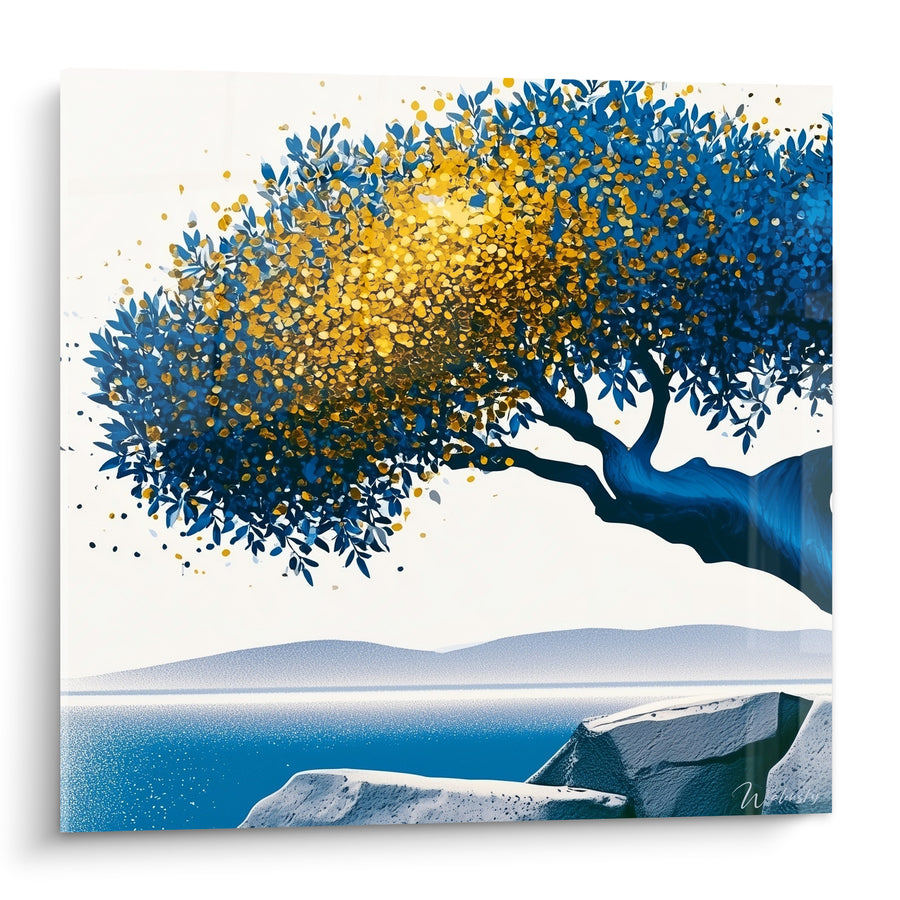 Tableau Olivier penché bleu et doré surplombant les rochers - Éclat solaire diffus - Edition Olivier