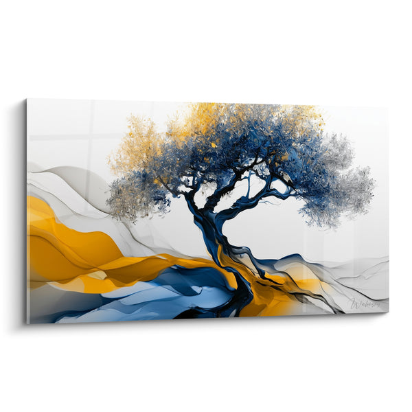 Tableau Olivier bleu et doré aux vagues fluides - Souffle apaisé - Edition Olivier
