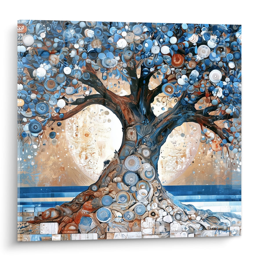 Tableau Arbre bleu et doré aux motifs circulaires - Gardien de la lune - Edition Olivier