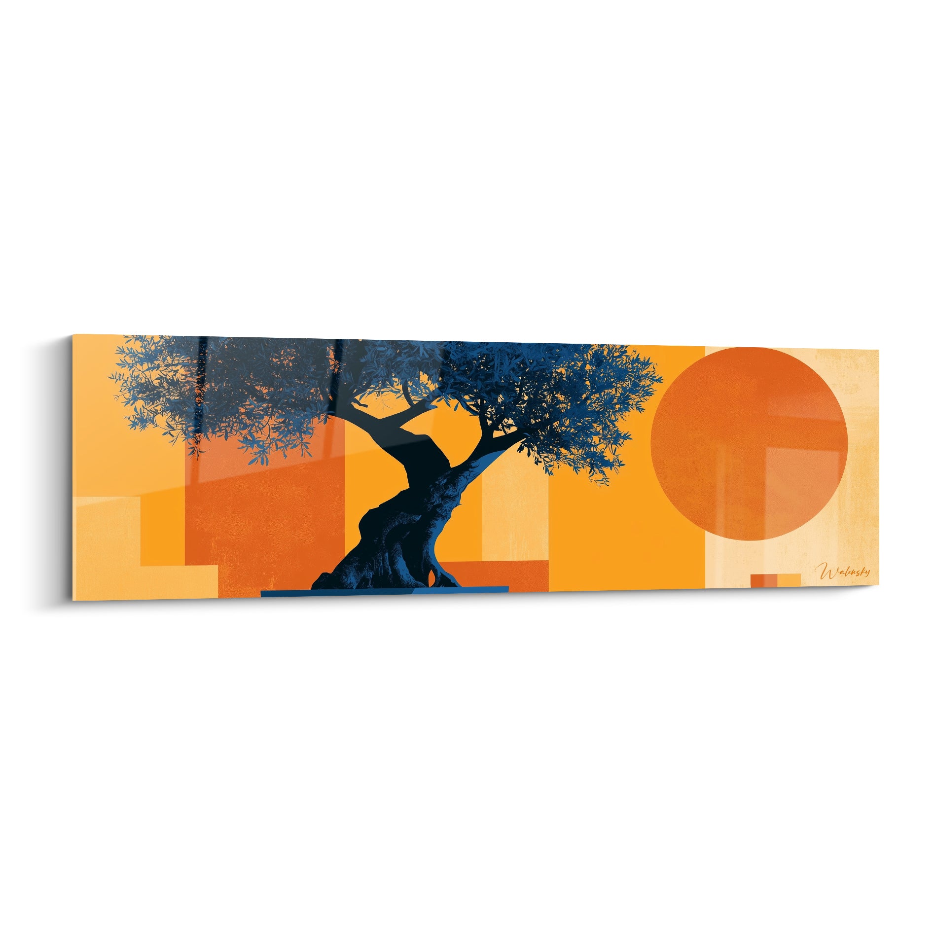 Olivier au tronc bleu marine noueux se détachant sur fond ocre et orange géométrique