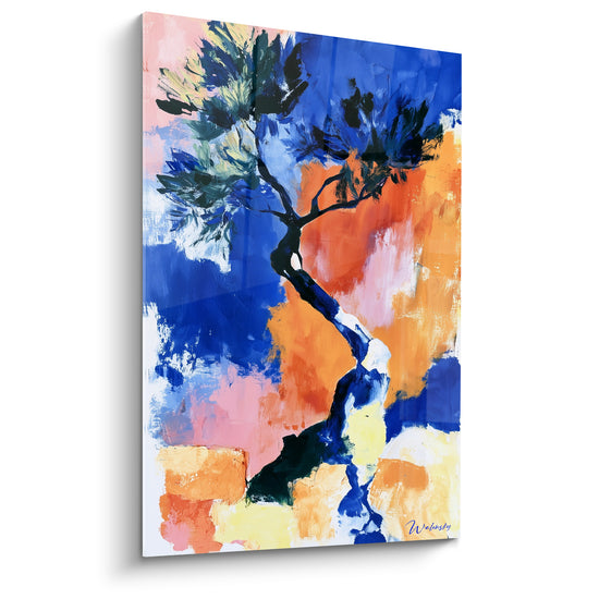Tableau Olivier tronc sinueux bleu et orange - Chaleur méditerranéenne - Edition Olivier