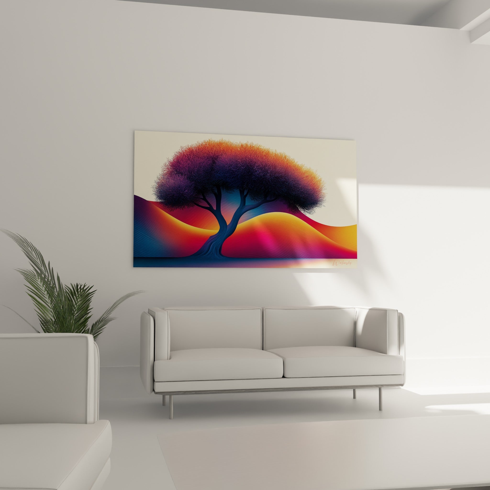 Arbre graphique dégradé fauve et bleu marine au-dessus d'un canapé dans un salon lumineux