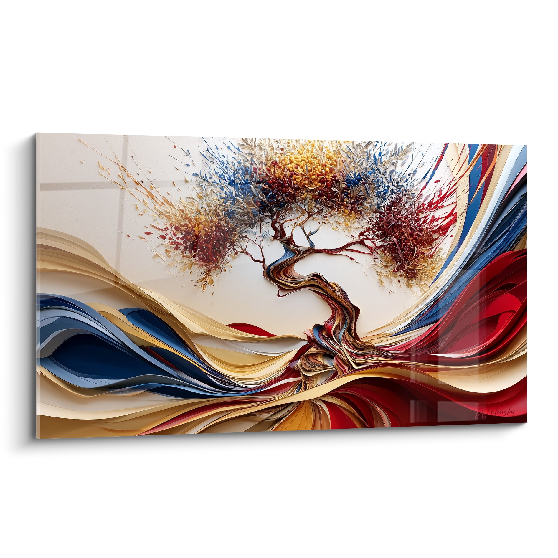 Olivier stylisé en rubans bleu marine et rouge bordeaux, feuillage doré et ocre texturé