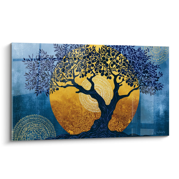 Tableau Olivier bleu nuit et doré aux mandalas circulaires - Disque solaire ocre - Edition Olivier