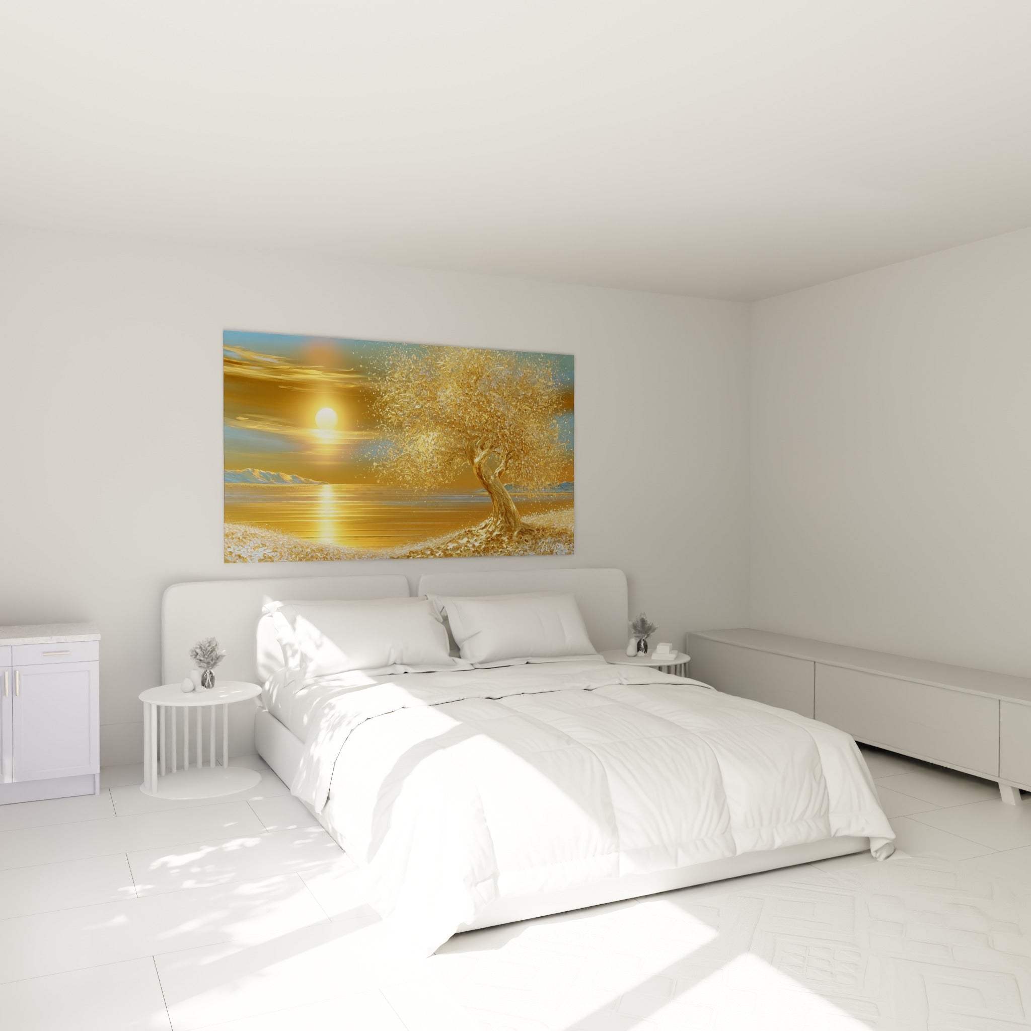 Arbre doré et ciel bleu pastel au-dessus d'un lit dans une chambre claire