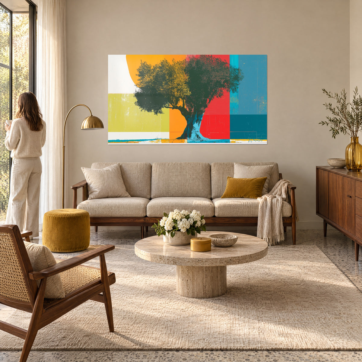 Wall art olive tree in screen print, dark green foliage on red and ochre blocks, woman seen from behind, above a sofa in a bright living room