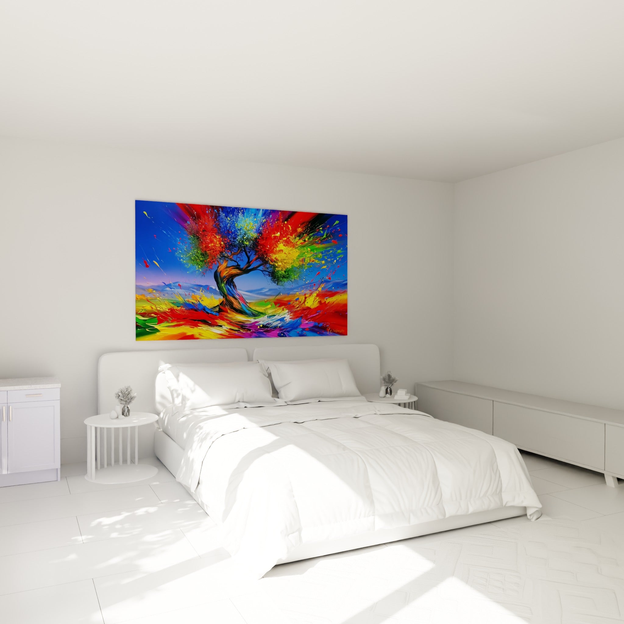 Arbre coloré aux éclats bleu et rouge intense, accroché au-dessus d'un lit dans une chambre claire