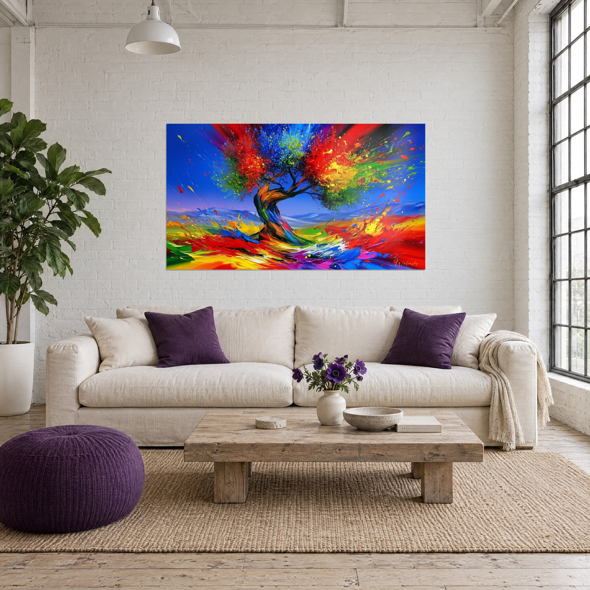 Quadro ulivo arcobaleno dal tronco sinuoso, fogliame rosso e blu schizzato, sopra un divano in un soggiorno luminoso