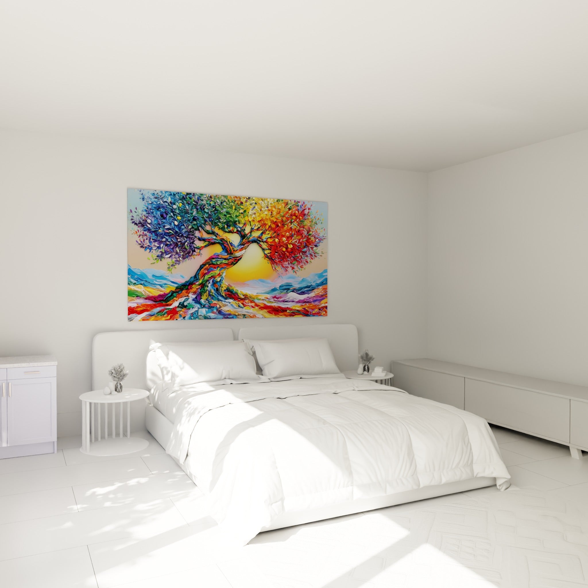 Arbre olivier aux couleurs vertes et dorées, tronc torsadé, accroché au-dessus d'un lit dans une chambre claire