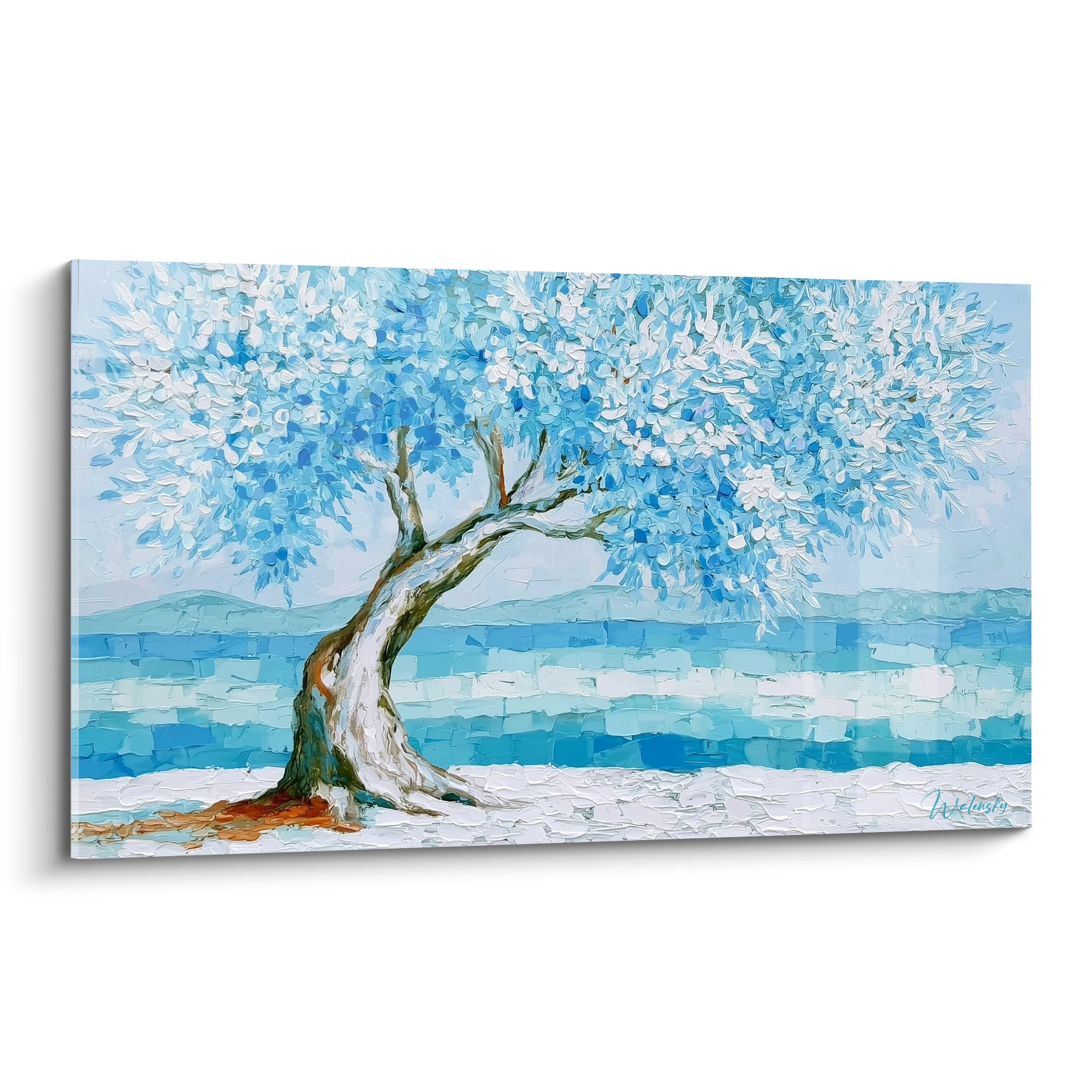 Olivier au tronc noueux et feuillage bleu turquoise et blanc, face à une mer scintillante peinte au couteau