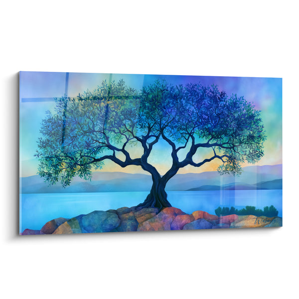 Tableau Olivier tortueux sur rochers bleus et turquoise - Veille au crépuscule - Edition Olivier