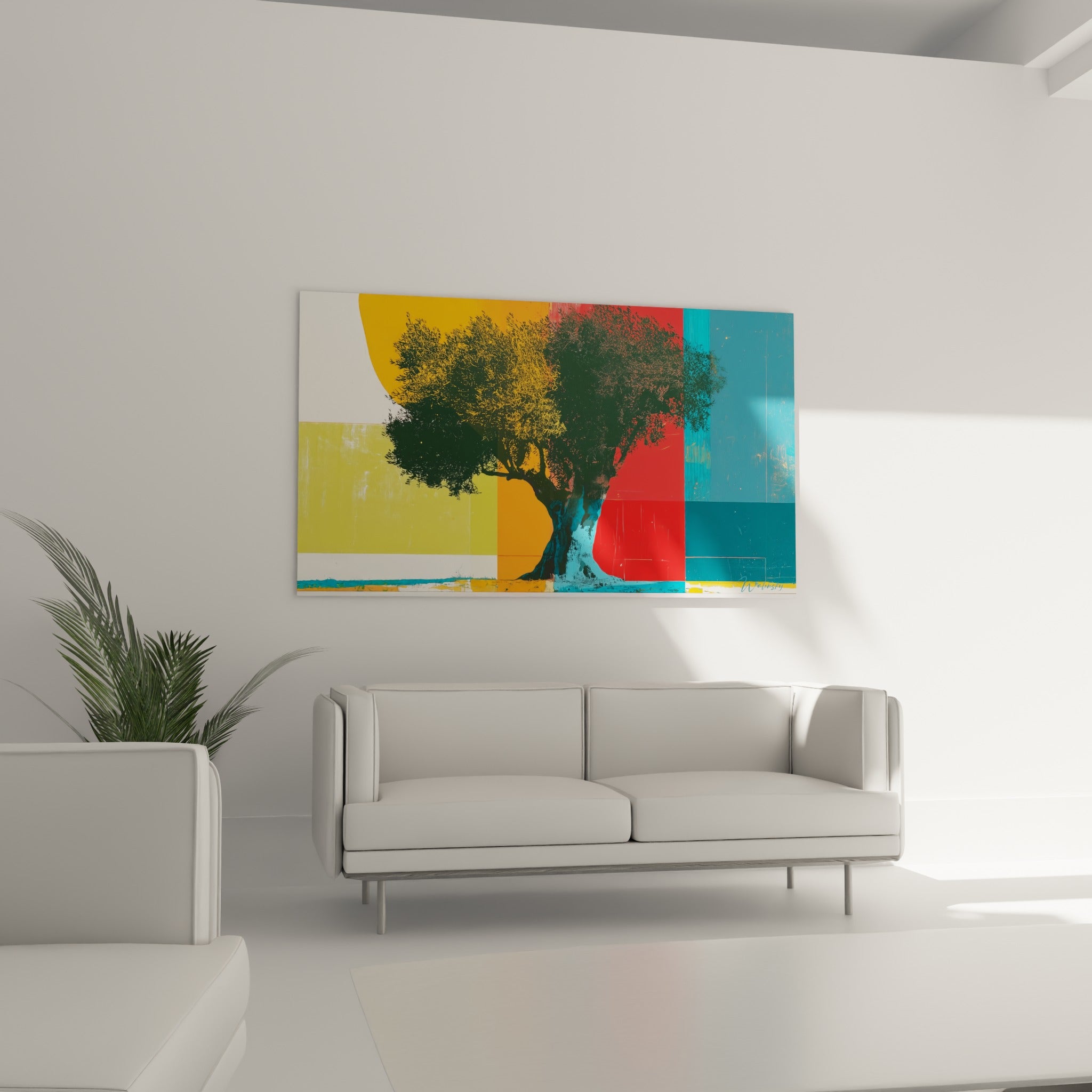 Arbre stylisé en tons ocre et turquoise placé au-dessus d'un canapé dans un salon lumineux