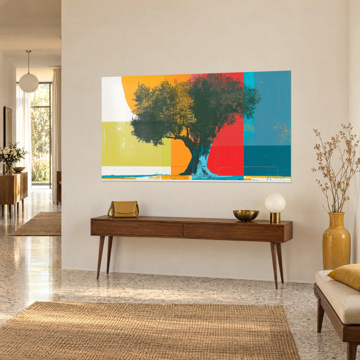 Wall art Mediterranean tree with a turquoise blue trunk, bright red and ochre yellow background, hung above a wooden console in the entrance hall