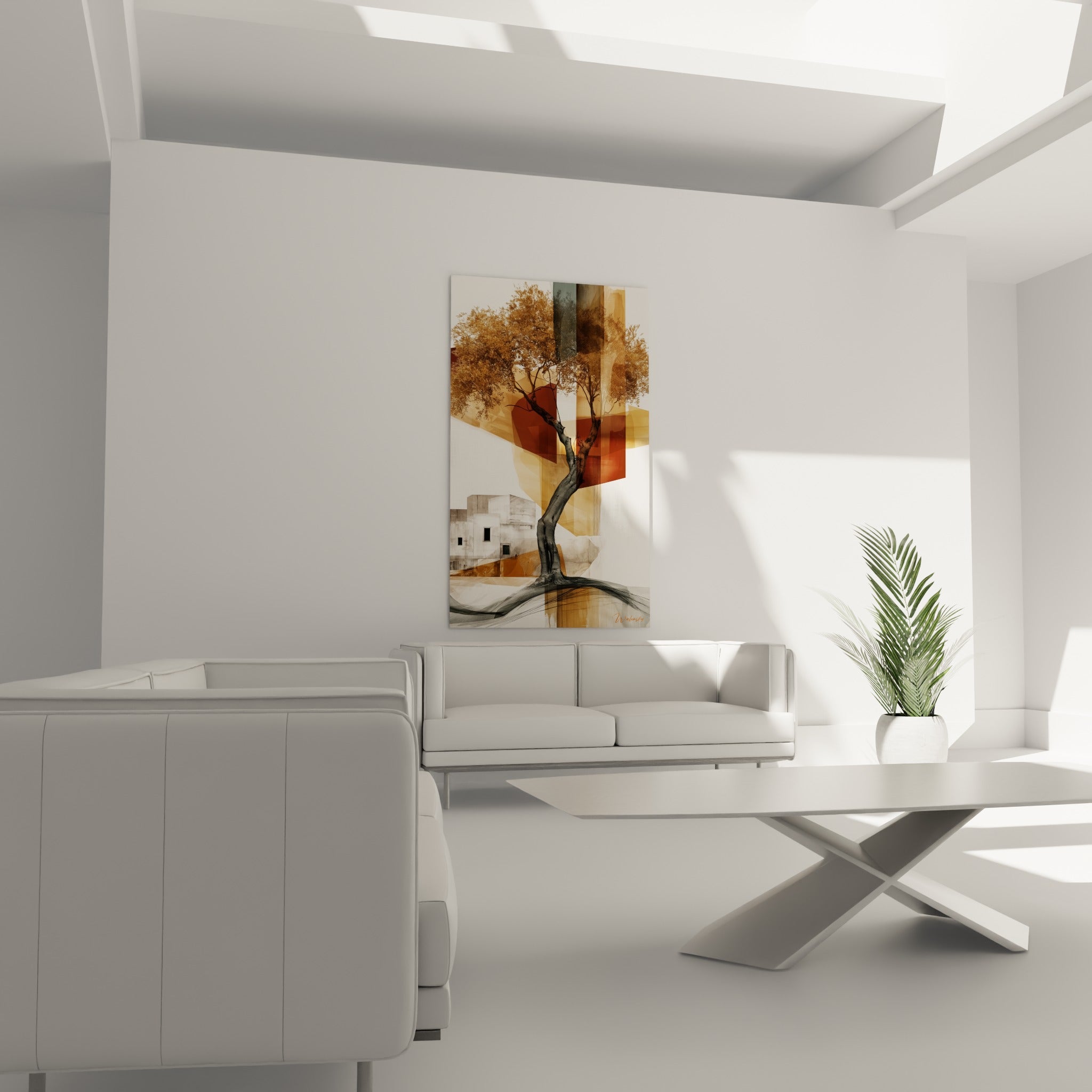 Tronc noueux d'olivier et feuillage doré sur fond ocre et anthracite, au-dessus d'un canapé dans un salon lumineux